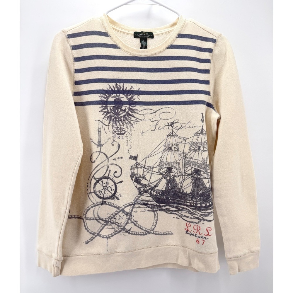 Lauren Ralph Lauren Sweatshirt Women S Cream Navy Coastal Nautical Ship Graphic